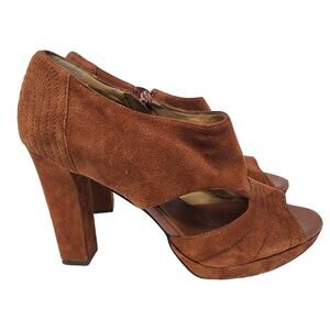 Banana Republic Platform Suede Shoes Block Heel Cinnamon Peep Toe Side Zip 9